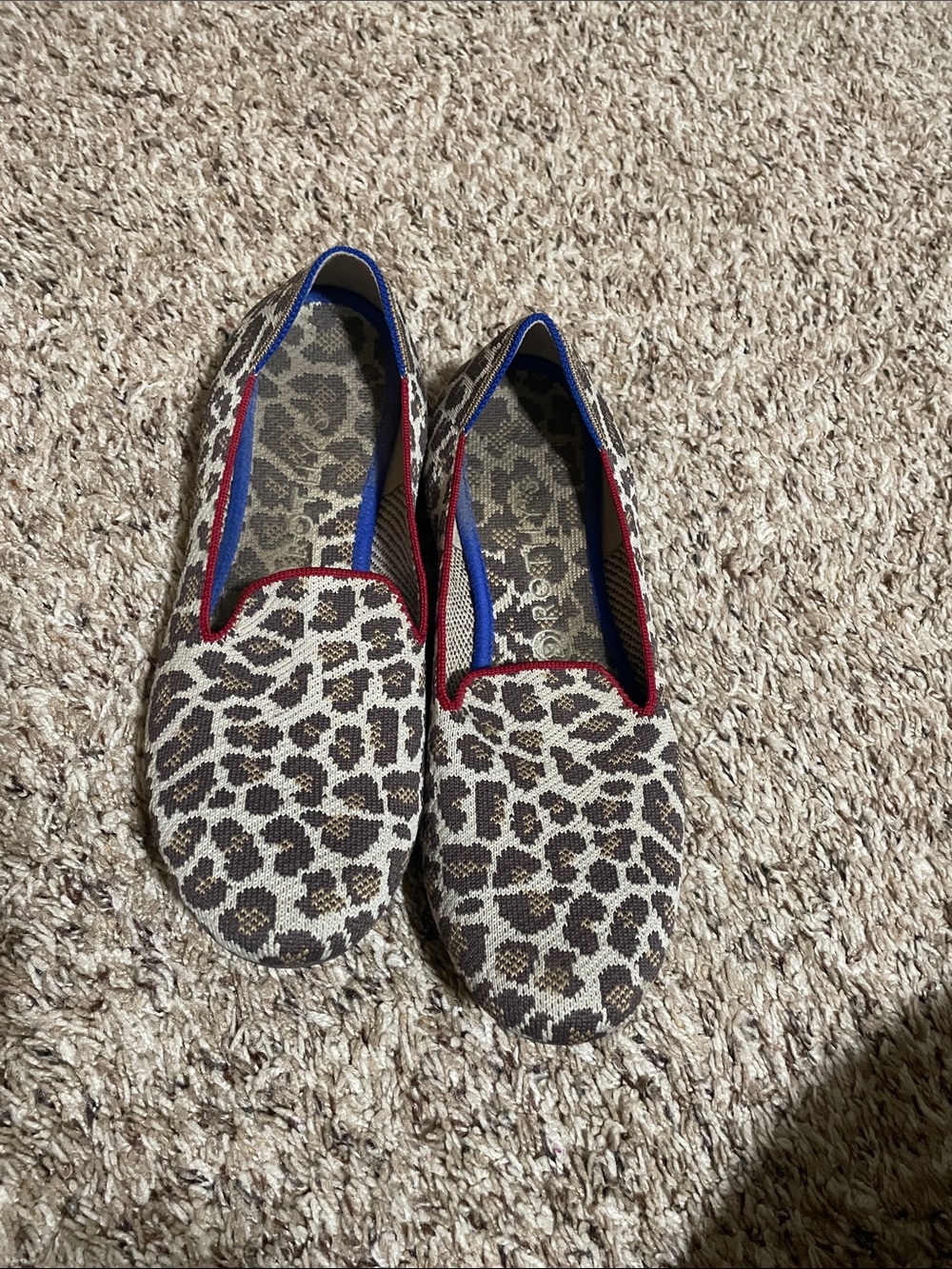 Rothy's Leopard Print Slip-On Flats with Red Trim and Blue Lining